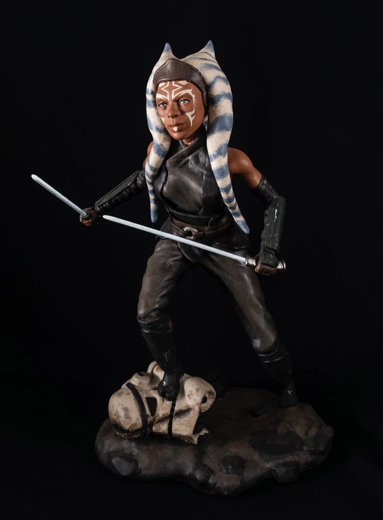 Ahsoka Tano Star Wars character sculpture with light sabers created by Denver artist Gabe Wells