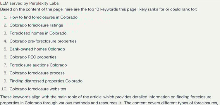 Using an AI prompt to find relevant keywords a page could rank for