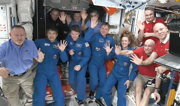 The four SpaceX Crew-10 members and the seven Expedition 72 crew members join each other for a welcoming ceremony. NASA