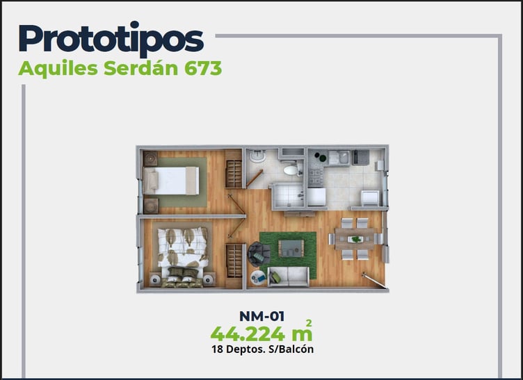 ASER Caracteristicas Departamento. Plano con 2 recamaras, sala comedor, baño y cocina. 44 mts2