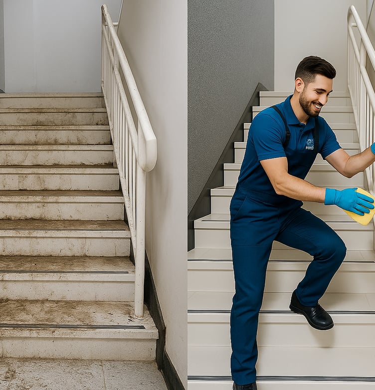 Dirty staircase before cleaning - Clean staircase after professional service