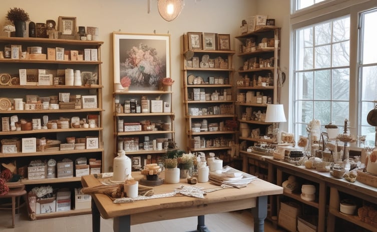 A market stall displays various handmade crafts, including woven baskets, intricate macramé wall hangings, and embroidered hats. The setting is rustic, with wooden beams and ambient lighting, creating a cozy and artisanal atmosphere.