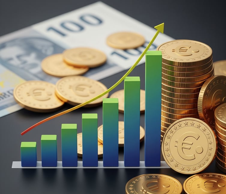 Gráfica de barras ascendentes junto a varias monedas  concepto de ingresos pasivos
