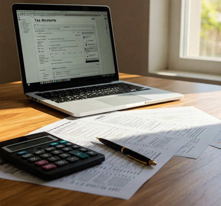 portatil en la mesa con hojas de la renta y calculadora