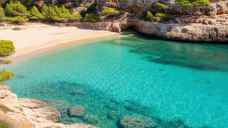 Portals Vells (Platja del Rei) en Mallorca con aguas cristalinas, arena fina y árboles frondosos – Maiorca Unlocked.