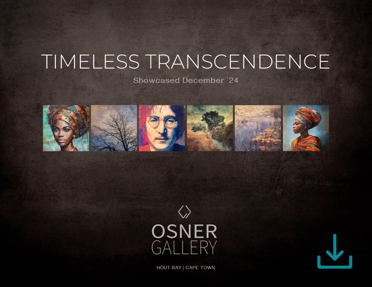 Timeless Transcendence – Osner Gallery exhibition brochure cover featuring African art, photography, and original paintings