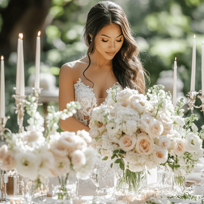 alt="Elegant wedding floral arrangements with white and blush pink roses, peonies, and greenery at an outdoor garden, designe