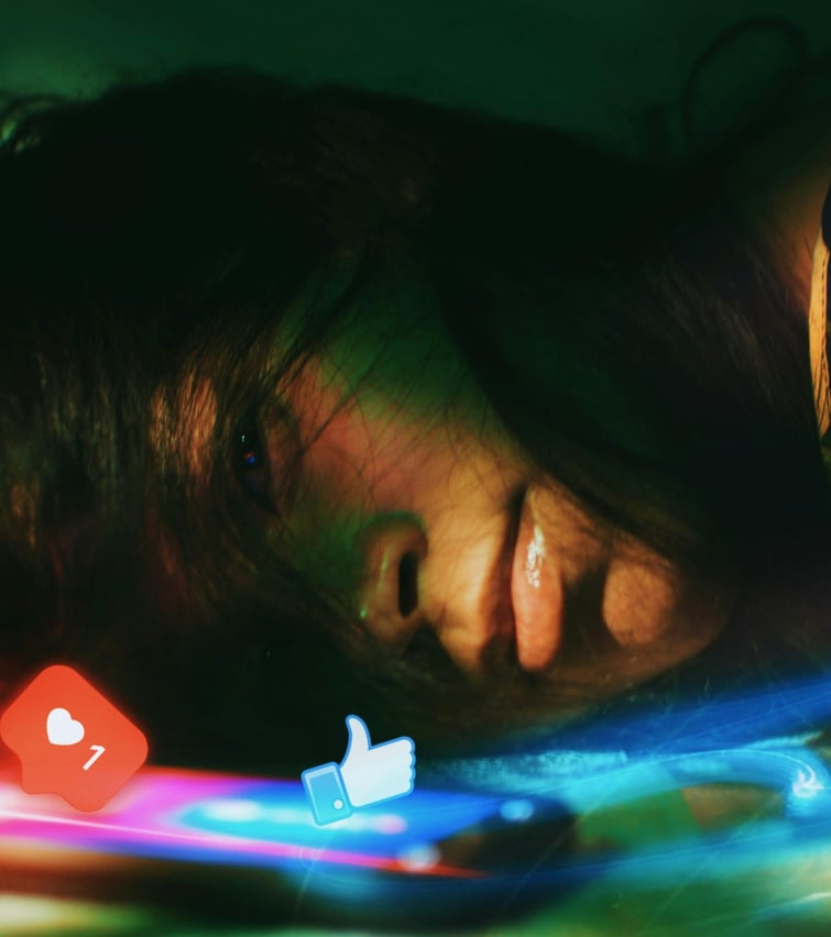a woman laying on a bed with a phone