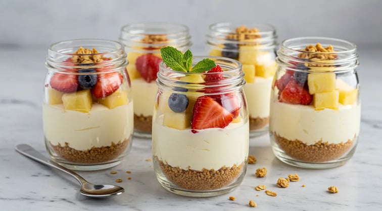 The image shows No-Bake Greek Yogurt Cheesecake jars topped with fresh fruit and granola.