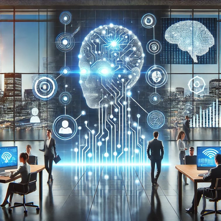 a group of people standing in front of a large screen with a brain map