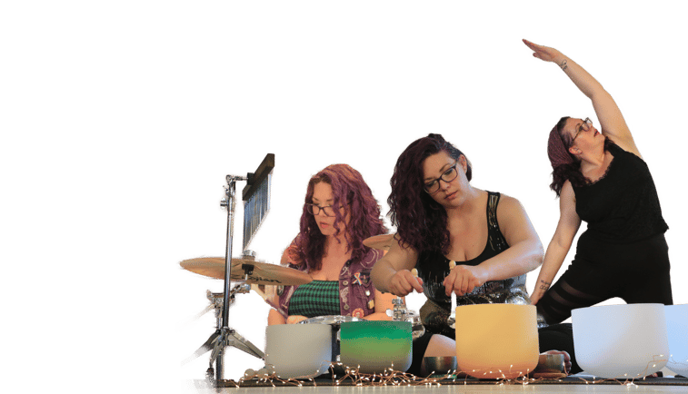 rachel playing the drums, doing a sound bath, and yoga