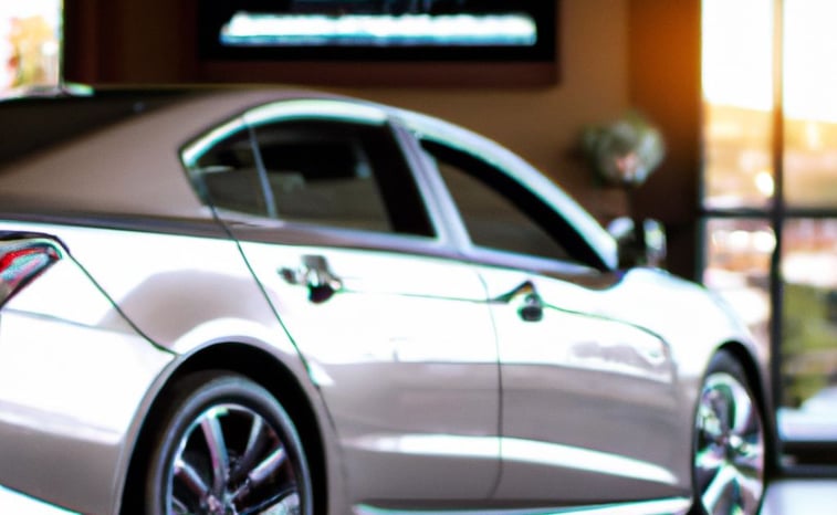 a car parked in a showroom with a tv screen