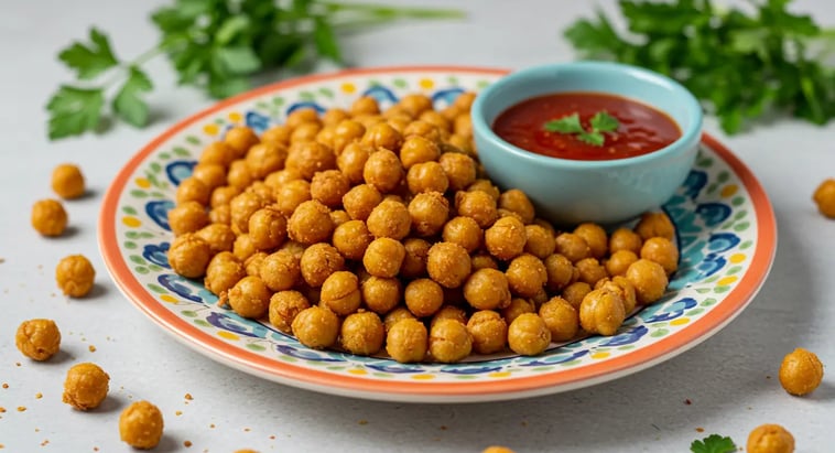 Crispy roasted chickpeas served with dipping sauce and cilantro.