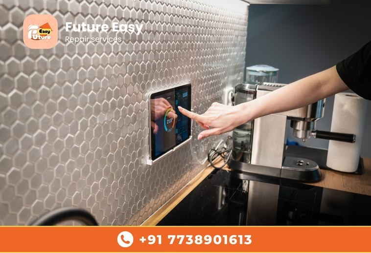 Person using a smart home panel in a kitchen, branded with "Future Easy Repair Services."