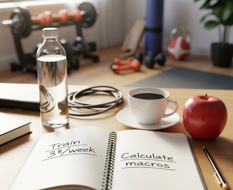 Fotografía realista de una mesa de trabajo con un cuaderno abierto donde se ven objetivos escritos