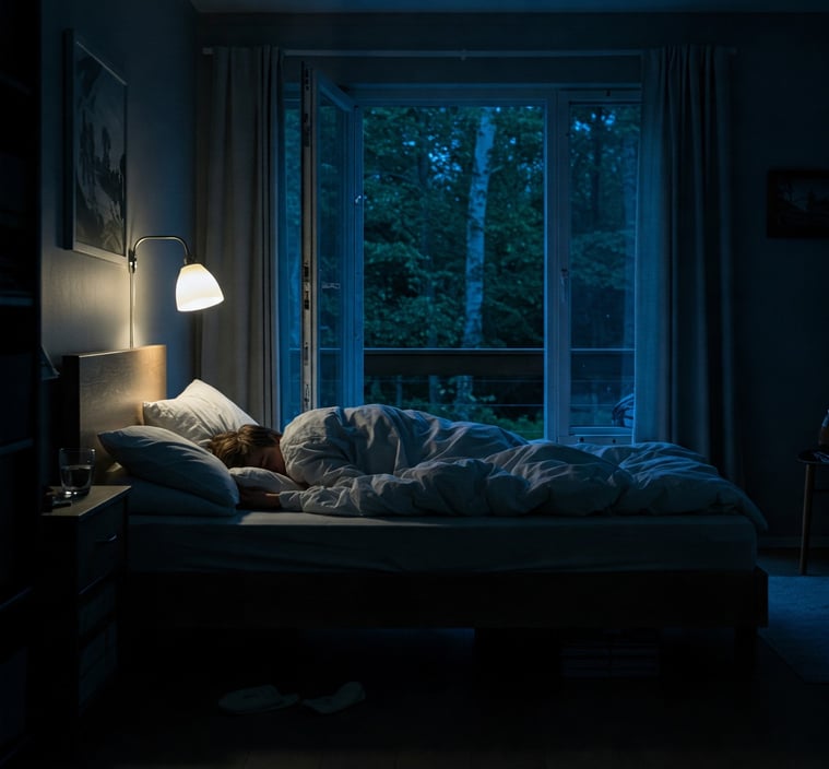 Un dormitorio sereno por la noche, con una persona durmiendo plácidamente