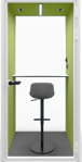 Type S-04 Sensit Phone Pod with green walls, stool seating, and integrated white desk.