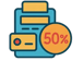 drawings of a calculator, a credit card and 50% symbol to communicate pay half to start the order