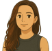 A cartoon representation of a woman {me} with long brown hair and a black top