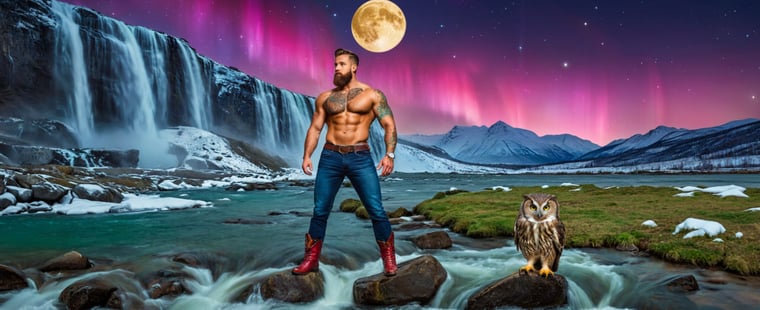a man with a no shirt and tattoos and a full moon