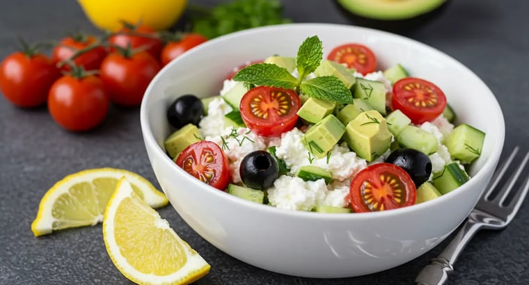 A colorful cottage cheese salad with cucumber, cherry tomatoes, avocado, olives, mint, and lemon slices.