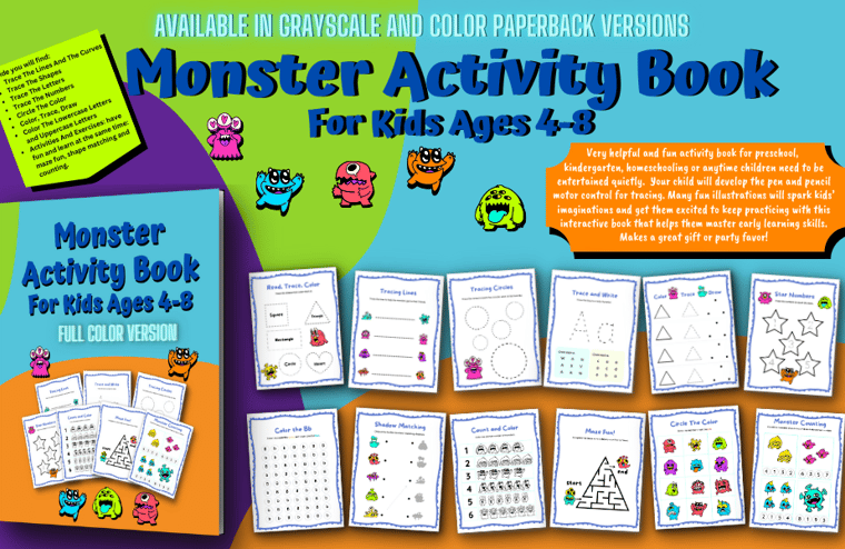 Monster Activity Book For Kids Ages 4-8 is a Tracing Shapes, Letters and Numbers Workbook. 