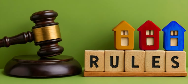 blocks spelling "rules", judge's gavel and miniature houses