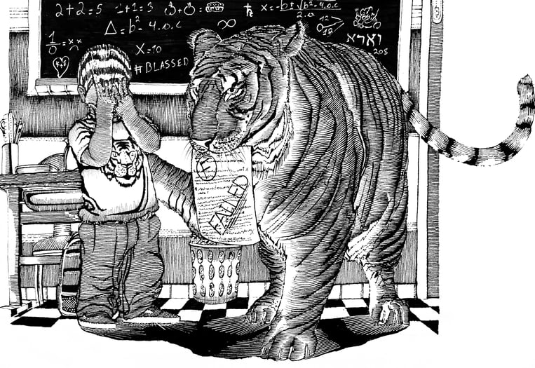 tiger evaluating a boy who has just failed in gymnasium, drawn in a traditional way.