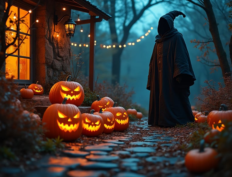 a person in a black robe and a black robe standing in front of a house