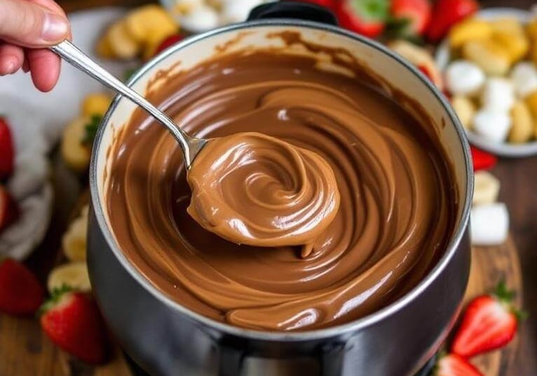peanut butter chocolate fondue in a pot with berries and bananas