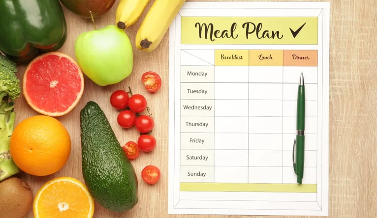 Meal plan template with fruits and vegetables.