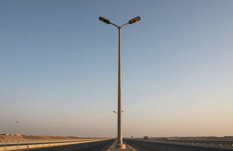 A photograph of a tall, industrial-grade street light pole standing prominently along a modern highway in the Middle Eastern / Gulf region, during the golden hour.