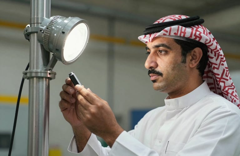A close-up photography of a professional technician in a Middle Eastern / Gulf industrial setting inspecting a metal lighting pole for quality assurance.