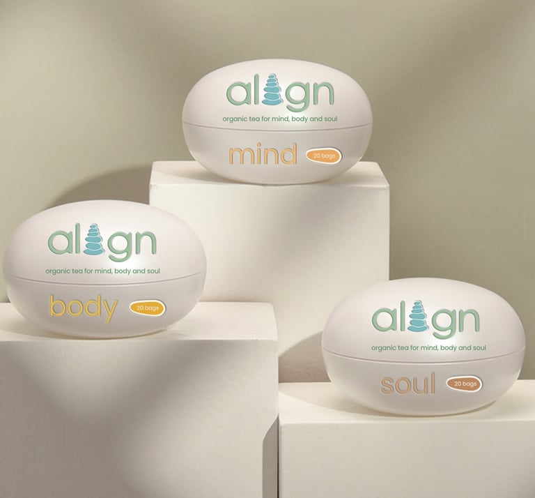 Align tea brand packaging showing three oval containers for mind, body and soul blends