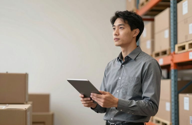 A logistics manager in a professional grey shirt holding a tablet, standing in a brightly lit, organized warehouse with soft off-white walls.