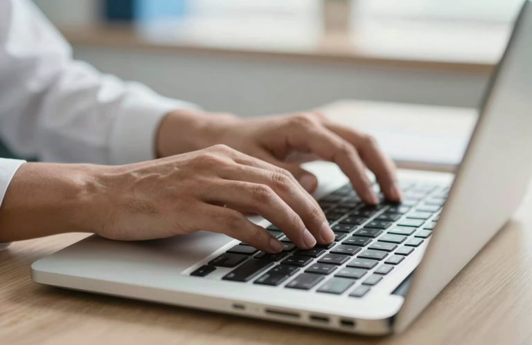 Close-up of professional hands typing on a laptop keyboard in a bright, clean office environment in South America / Brazilian, Off-white and Light Blue lighting.