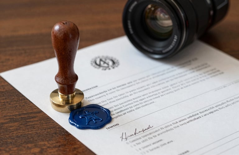 A sharp, detailed photograph of a official wax seal and a signed legal contract on a wooden desk. Professional lighting with steel blue accents.