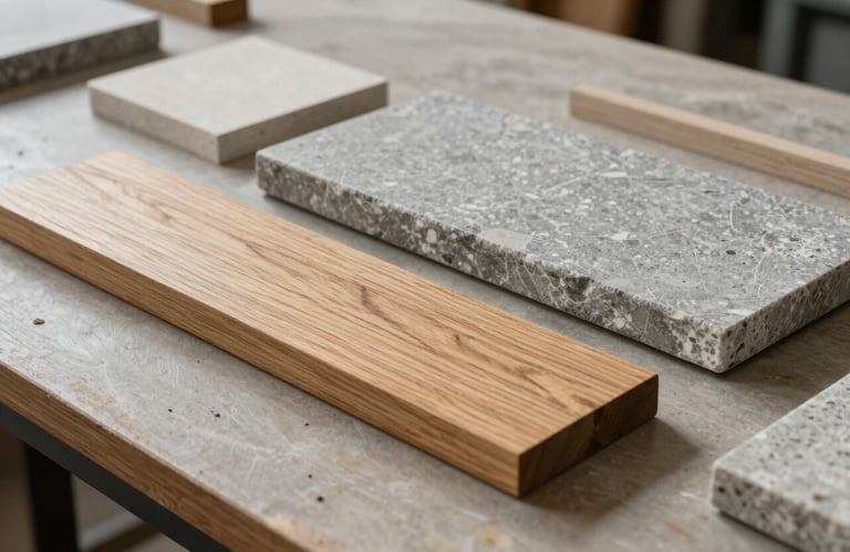 Detail of noble construction materials on a workbench: samples of light oak wood and mineral gray stone used in high-end renovations.