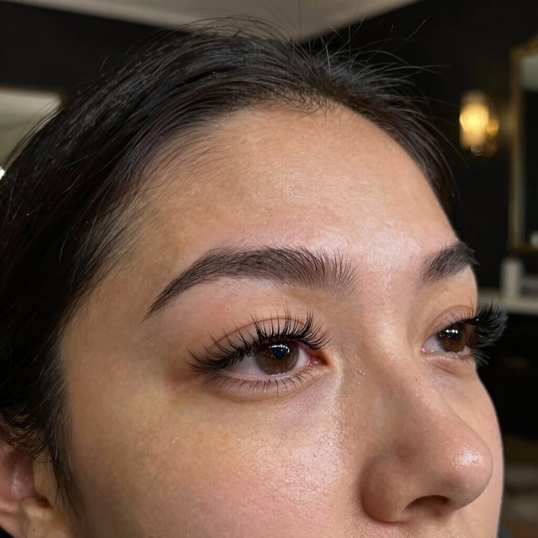 A close-up of a client receiving a luxurious facial treatment in a softly lit, elegant room.