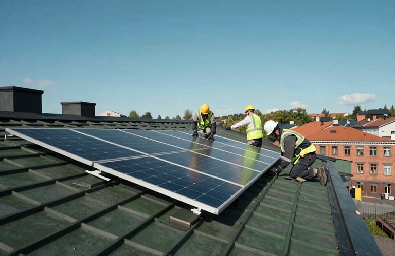 Photography of a solar installation team working on a commercial roof in a Northern European / Baltic city. Clear blue sky, bright daylight, professional and safe working environment. Muted charcoal navy and forest green tones.