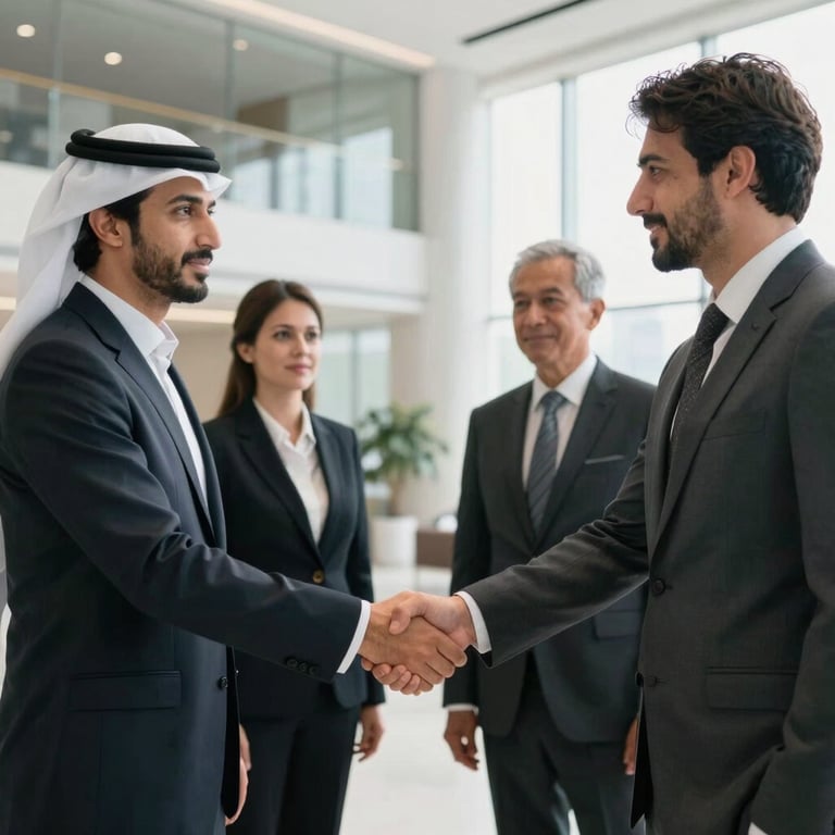 Corporate professionals shaking hands in a bright, contemporary office lobby in the Middle Eastern business district, focusing on trust and collaboration.