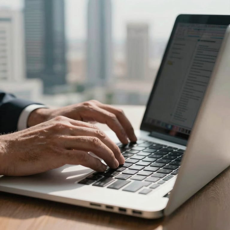 Close-up of a professional's hands using a high-end laptop in a bright Middle Eastern workspace with views of modern skyscrapers.
