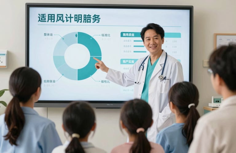 A medical professional in white and teal explaining health metrics on a large, high-definition screen to a family, North American hospital setting.