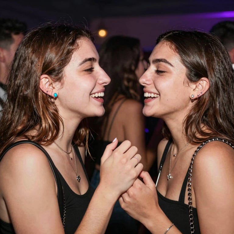 שתי נשים צעירות מחייכות וצוחקות יחד במסיבה עם תאורת ניאון ואווירה תוססת