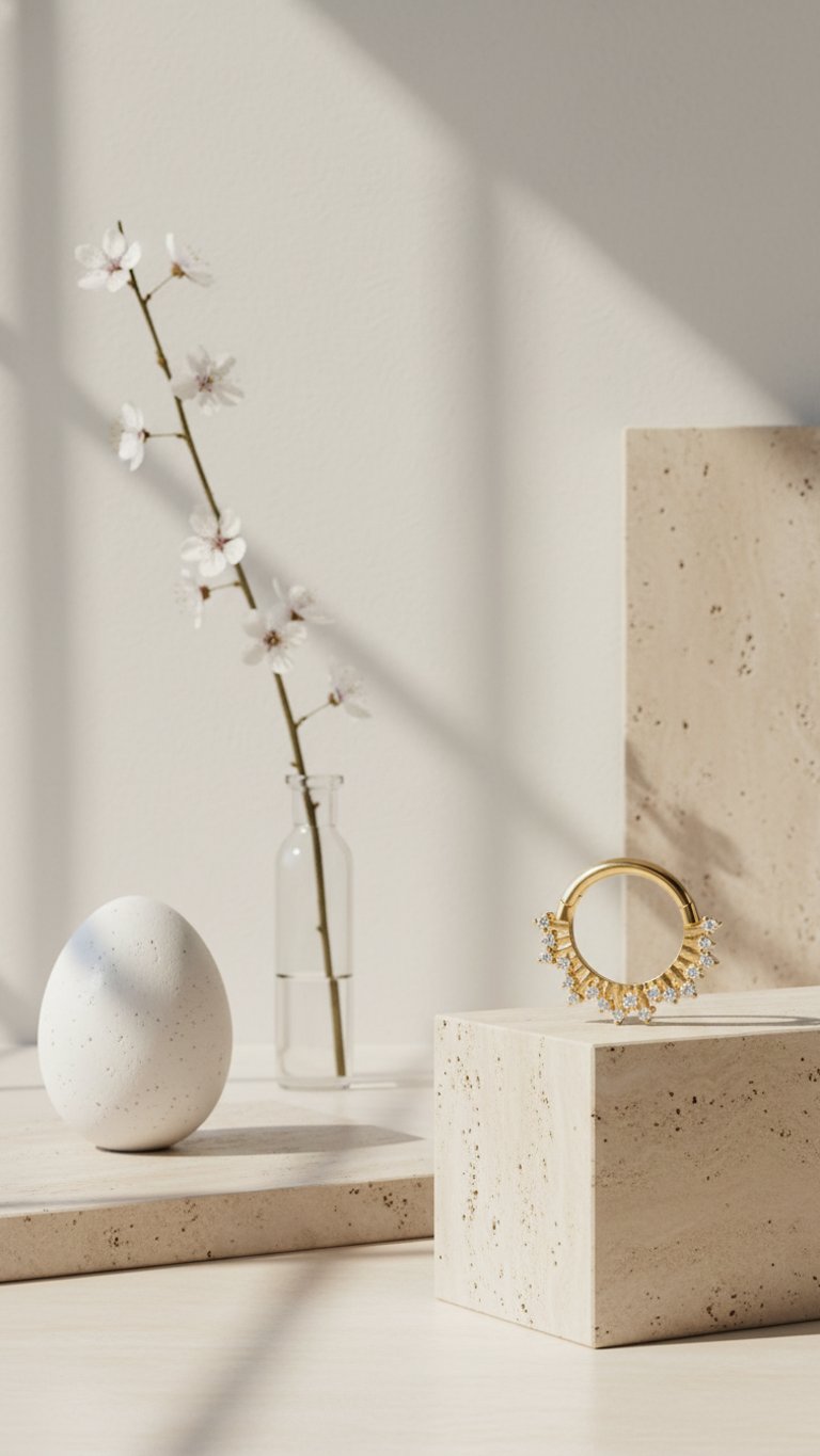 עגיל ספטום מזהב עם יהלומים מוצג על בלוק בגוון בז' עם פרחי דובדבן