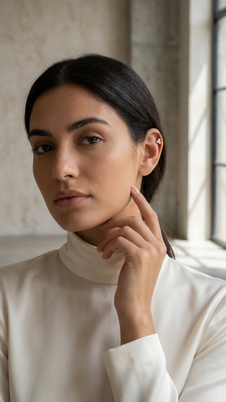 אוזן מעוצבת בסגנון מינימליסטי עם עגיל הליקס מזהב בעיצוב טריניטי יוקרתי