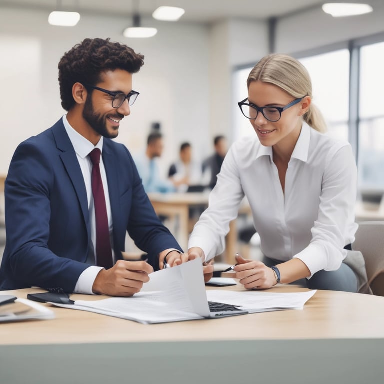 A modern office meeting with professionals discussing recruitment strategies around a table.