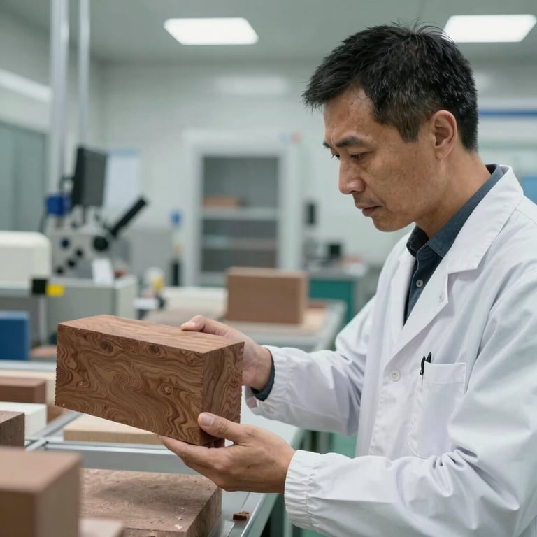 A quality control specialist in a modern European facility inspecting a finished walnut brown brick for precision, professional lighting.