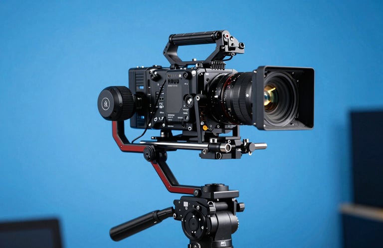 A high-end cinema camera mounted on a modern gimbal stabilizer, positioned in a professional British studio. The lighting is bright blue and crisp, highlighting the technical equipment.