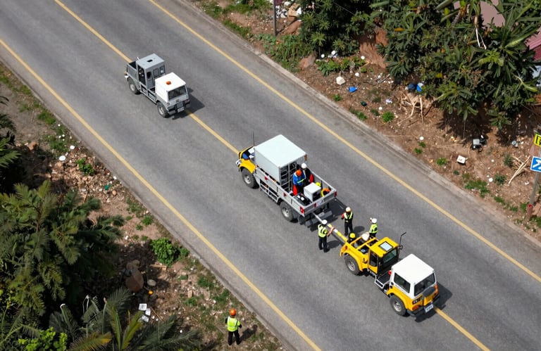 A top-down aerial photograph of a road survey project in an International / Professional urban area, showing organized technical equipment and a professional team at work.